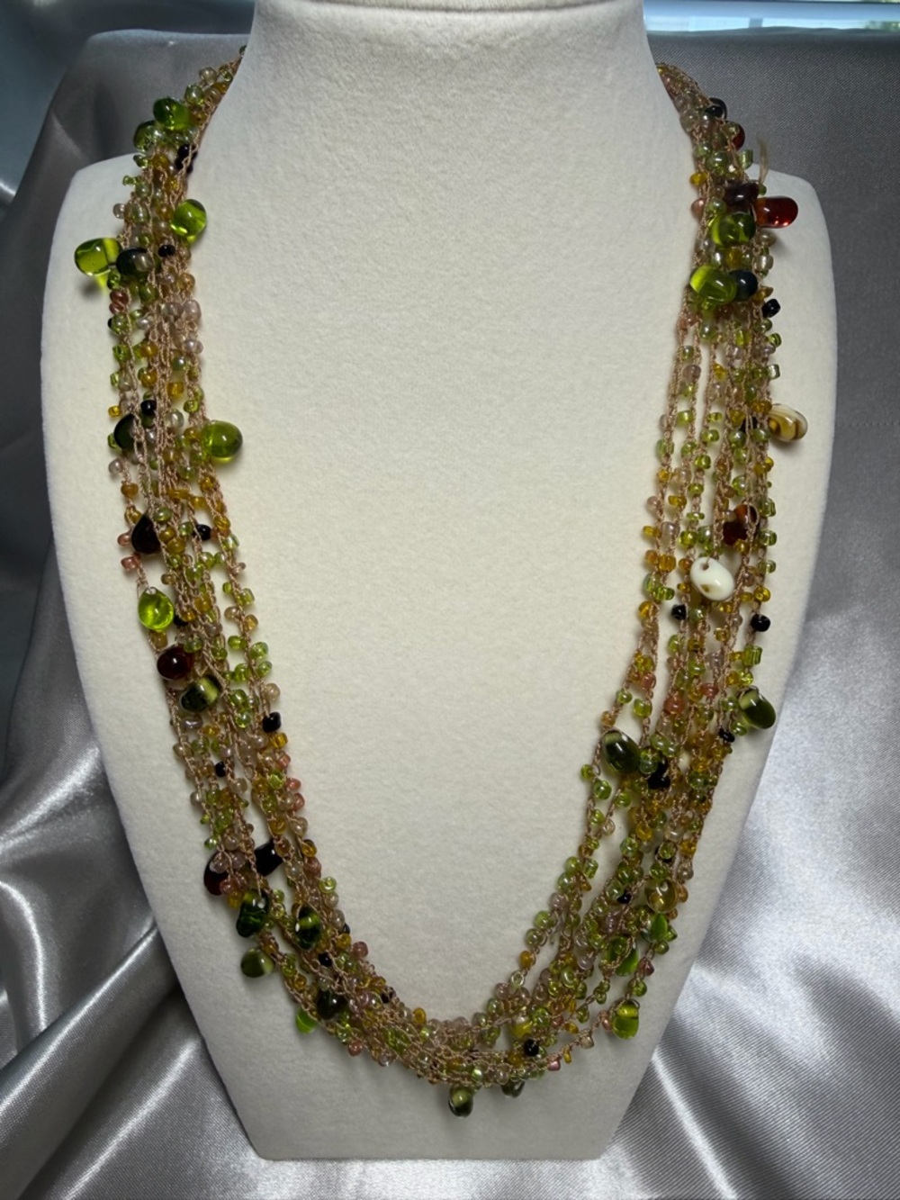 Multi-Strand Olive Green Beaded Necklace for Women
